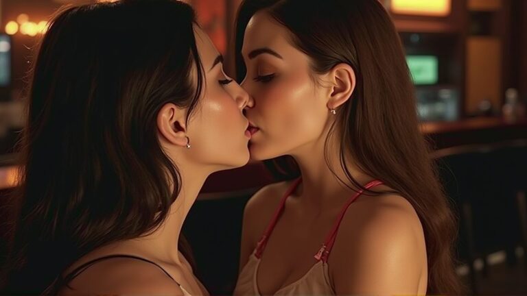 Two women leaning close together in a softly lit intimate portrait.