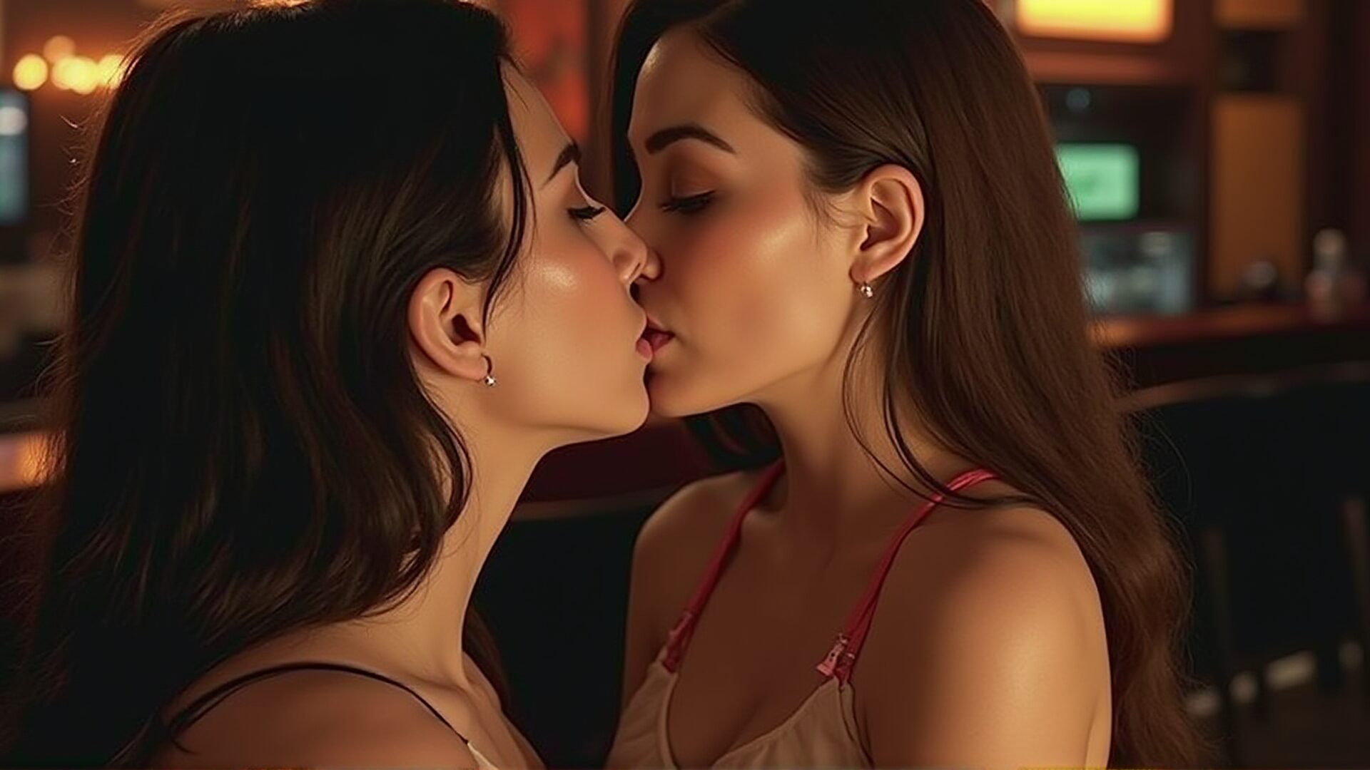 Two women leaning close together in a softly lit intimate portrait.