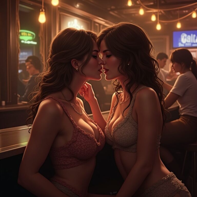 Two women talking closely at a bar with warm nightlife lighting.