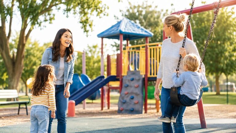 Two moms smile at each other at a sunny playground while their young children play nearby on the swings and playground equipment.